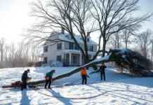 Как безопасно удалить дерево над крышей дома в осенне-зимний период?